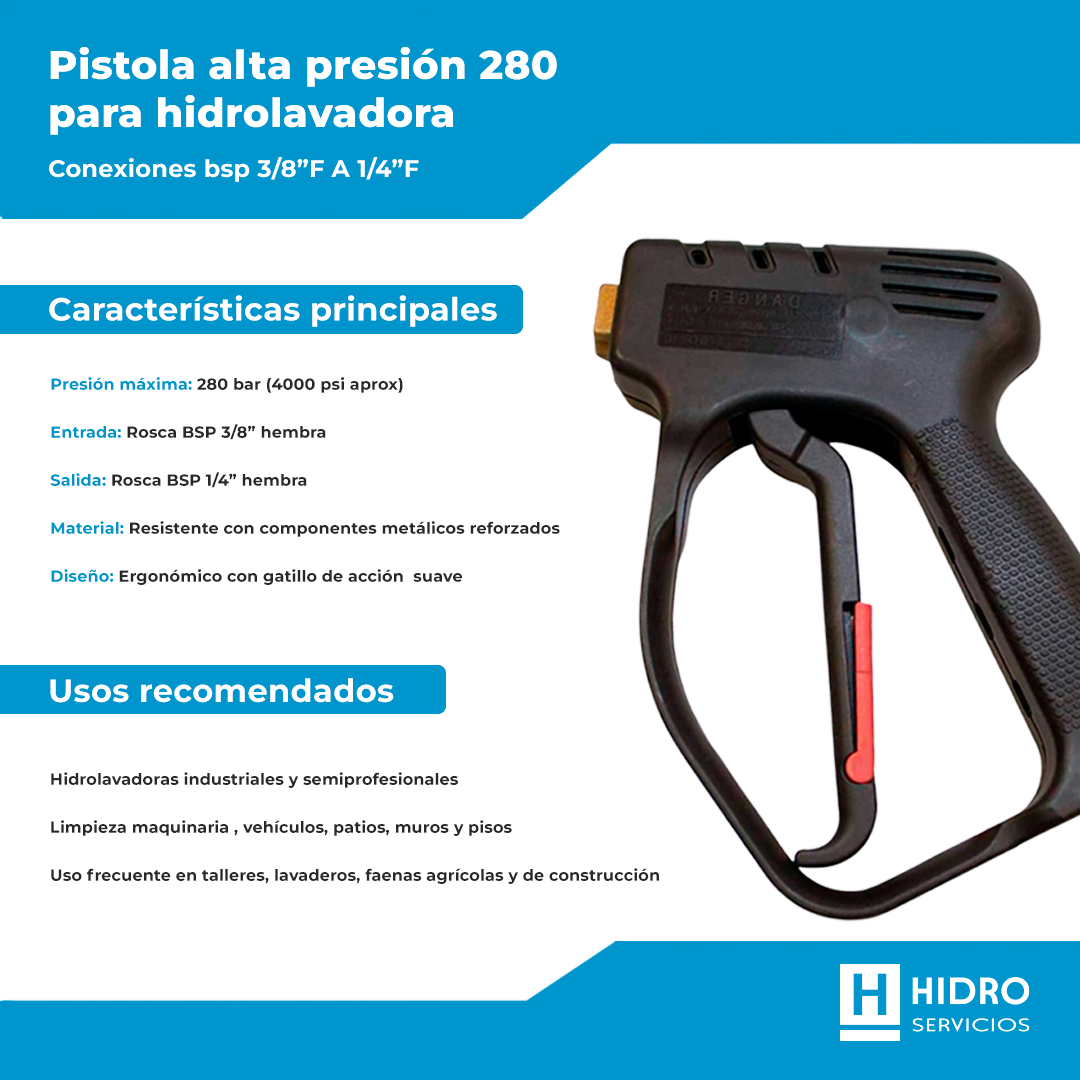 PISTOLA ALTA PRESIÓN 280 BAR PARA HIDROLAVADORA – CONEXIONES BSP 3/8"F A 1/4"F