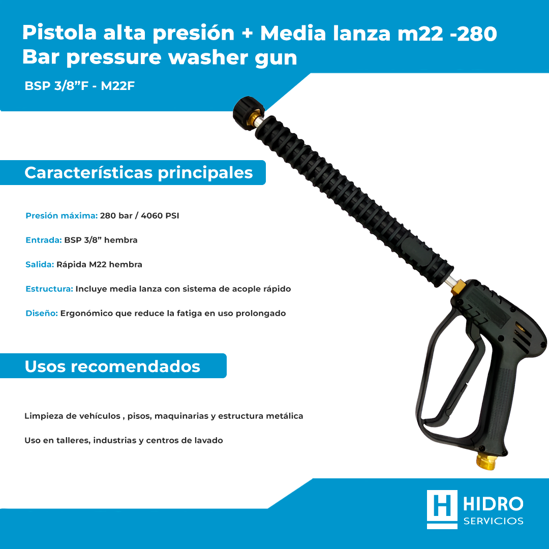 PISTOLA ALTA PRESIÓN + MEDIA LANZA TERMINAL RÁPIDO M22 280BAR PRESSURE WASHER GUN, BSP 3/8"F - M22F