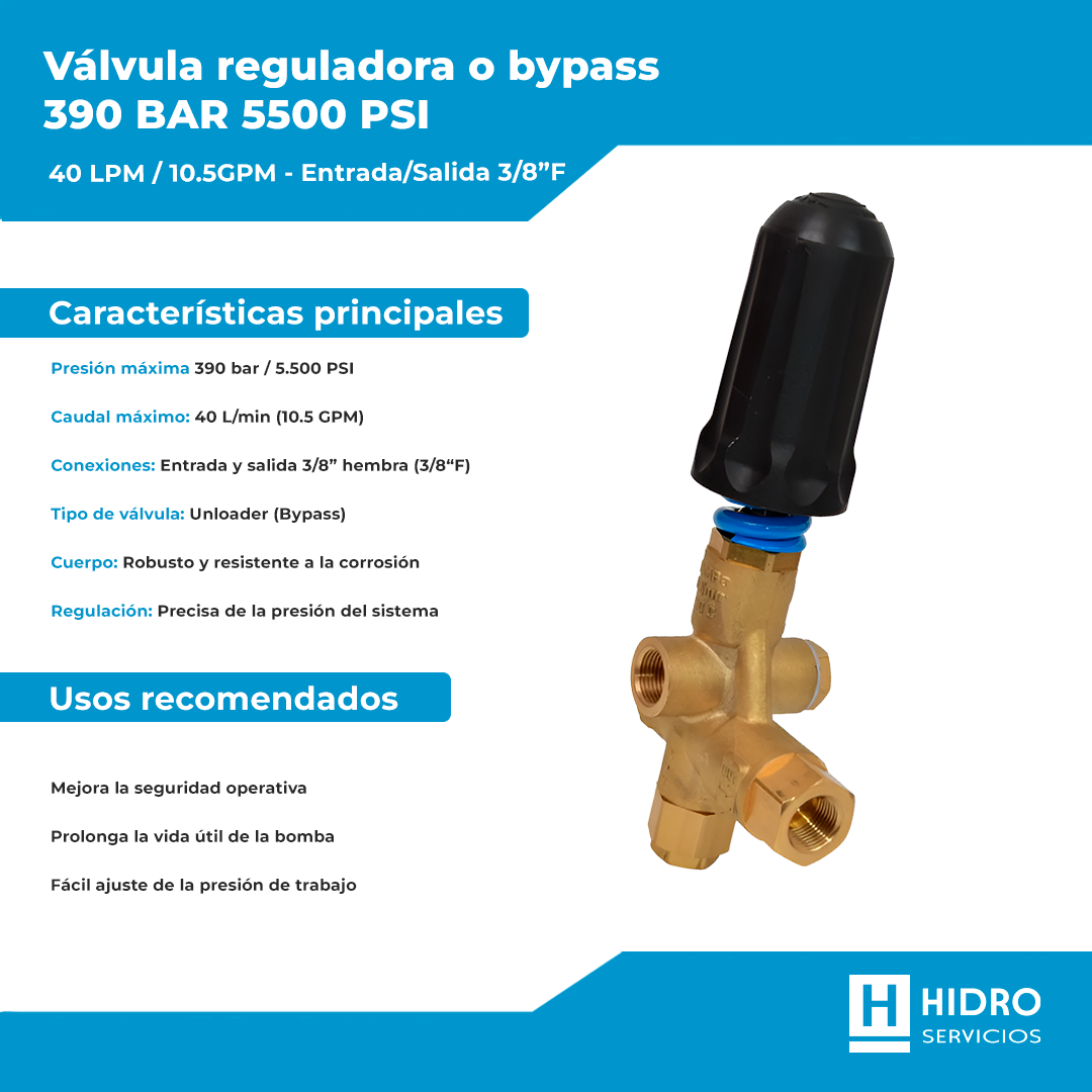 VÁLVULA REGULADORA O BYPASS 390BAR / 5500PSI – 40LPM / 10.5GPM – ENTRADA/SALIDA 3/8"F (UNLOADER)